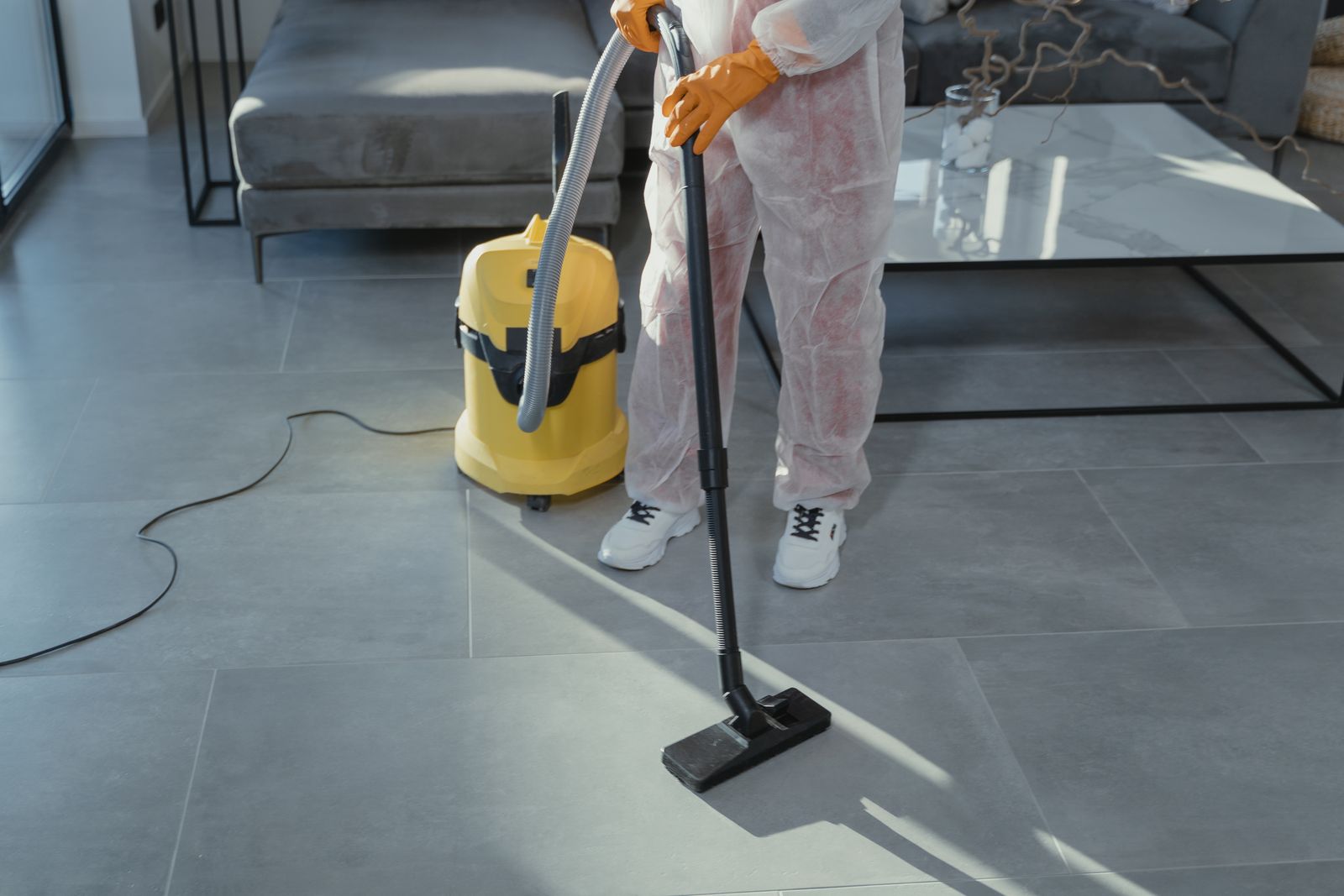 Professional cleaner vacuuming a sofa and carpet in a living room